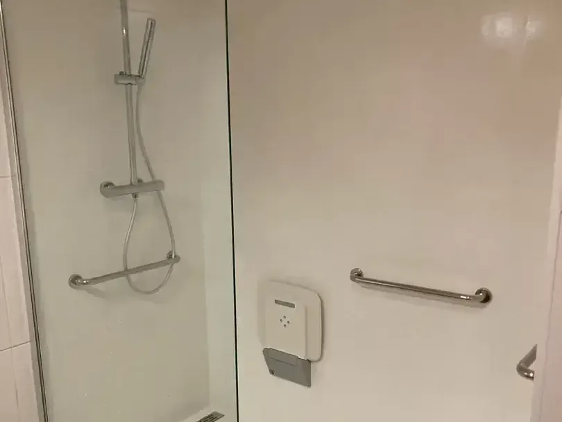 Douche à l'italienne avec paroi en verre, barres d'appui et caniveau, murs blancs et sol sombre
