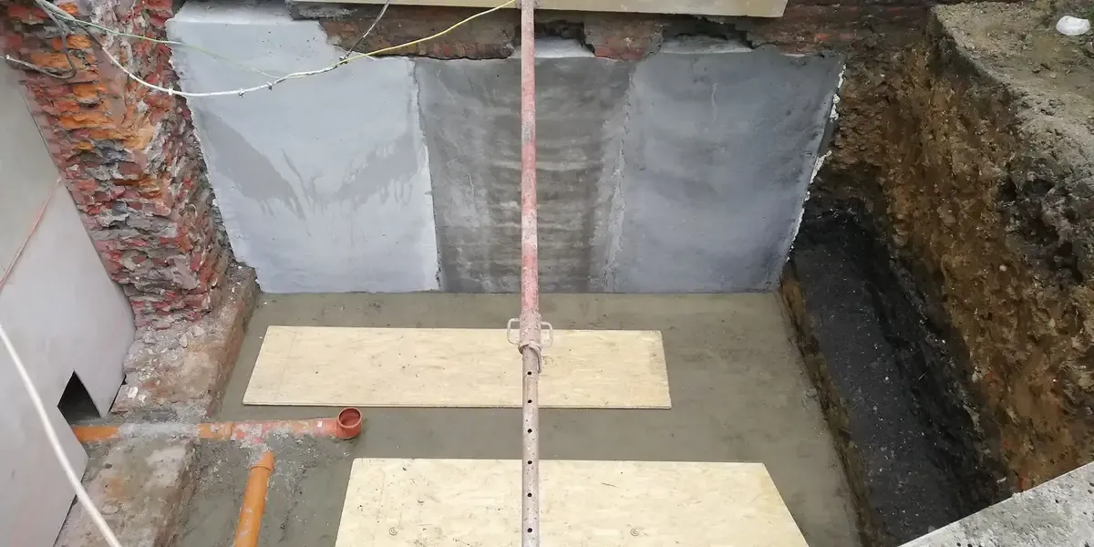 Fouille au pied d'un mur en briques avec parois en béton gris, sol coulé recouvert de panneaux de bois et tuyaux orange
