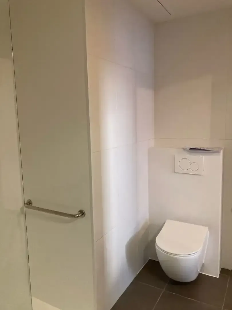 WC suspendu avec bâti-support encastré et barre d'appui, murs blancs et sol carrelé sombre